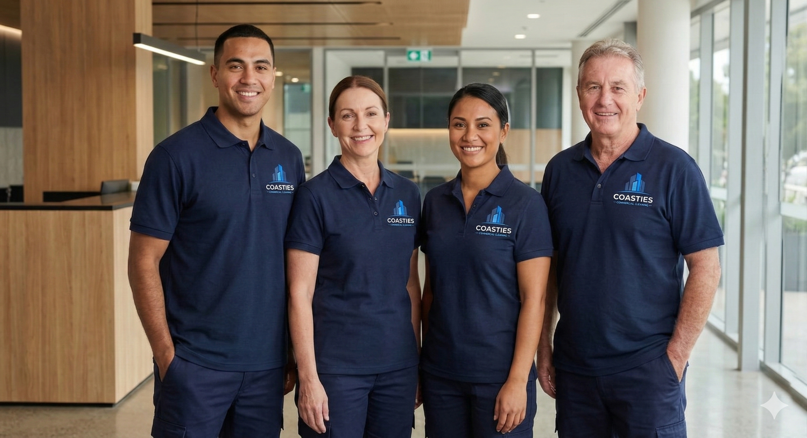 Coasties Commercial Cleaning team members in branded polo shirts