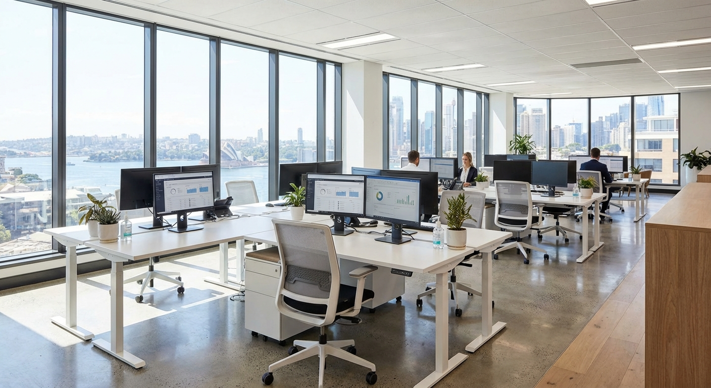 Clean modern office workspace with sanitised desks