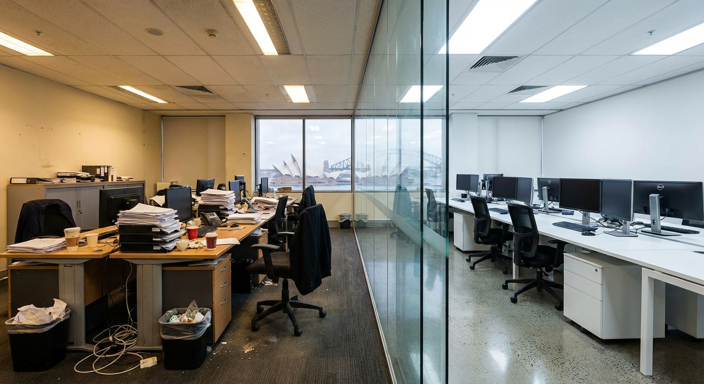 Professional office space with clean desks and sanitised surfaces