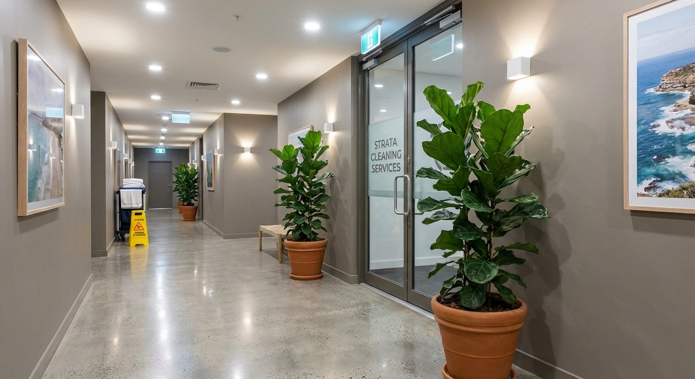 Well-maintained strata common area with clean hallways