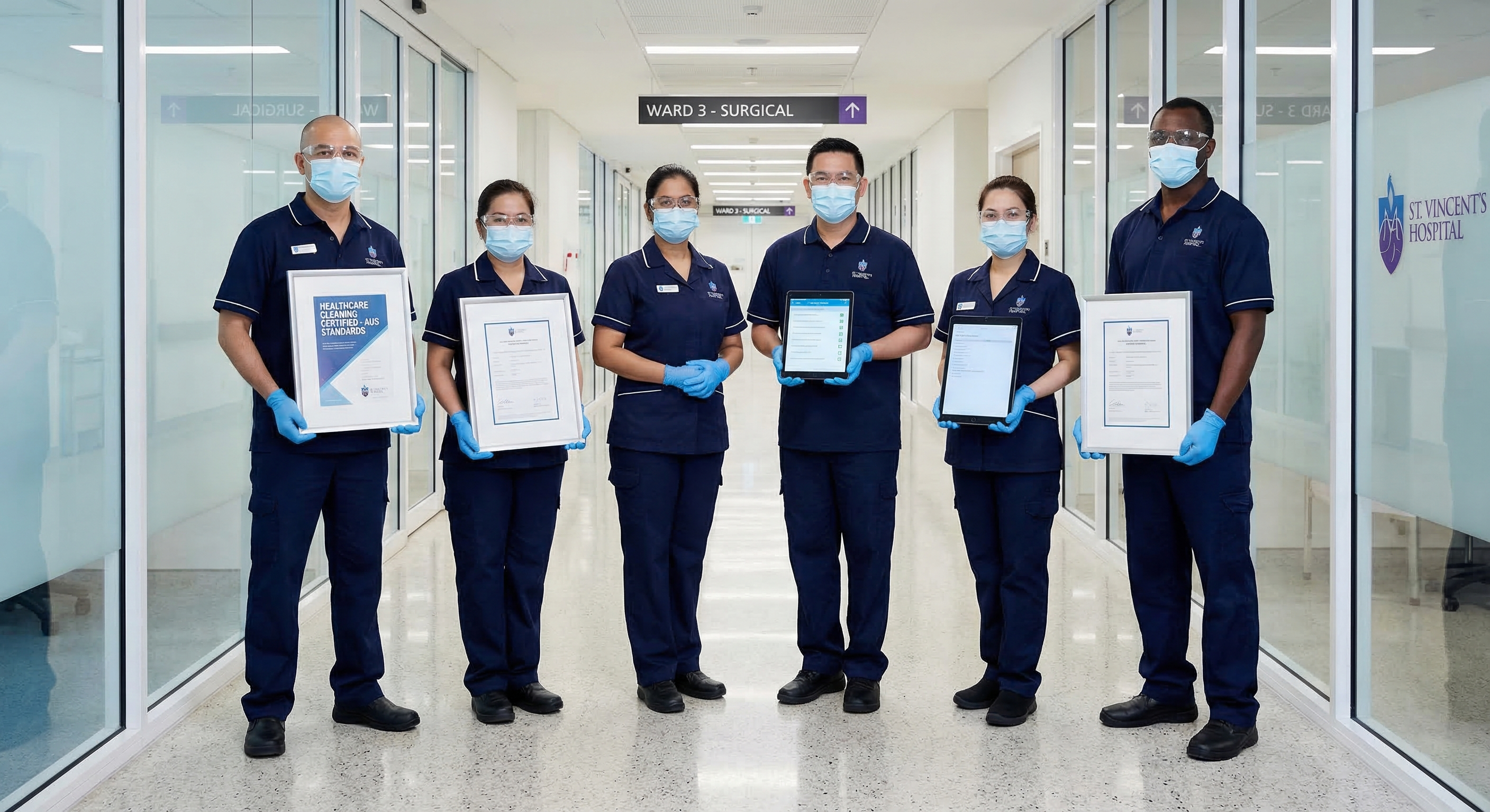 Coasties Commercial Cleaning team with certifications and PPE in a healthcare environment