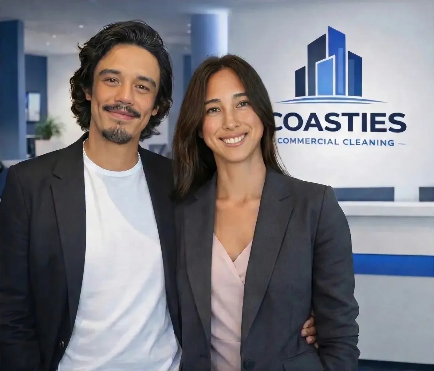Samuel Smith and Jennifer Jung, co-founders of Coasties Commercial Cleaning, at the Coasties office