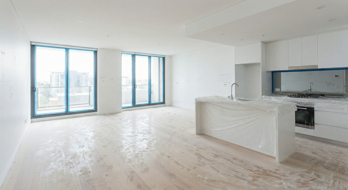 Before: Construction dust and debris throughout