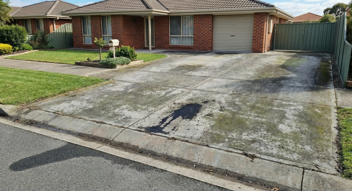 Before: Stained driveway with algae and grime buildup