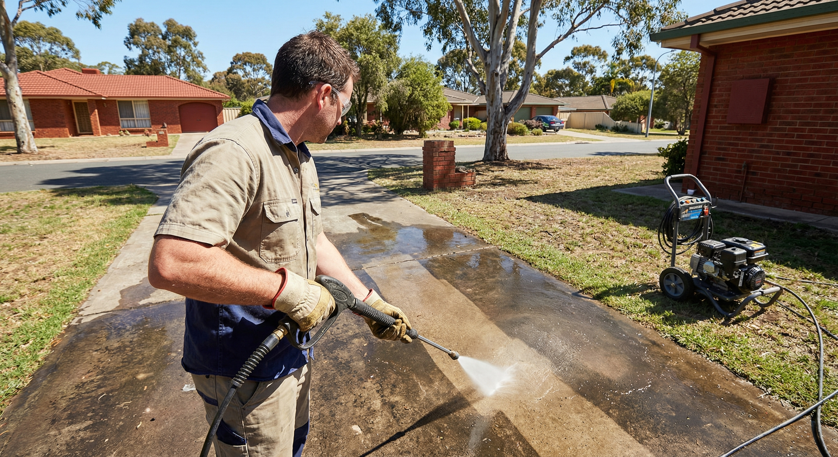 Pressure washing a commercial driveway