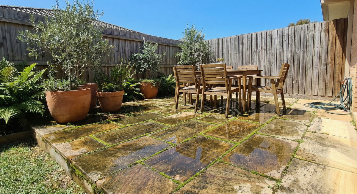 Before: Weathered patio with mould and staining