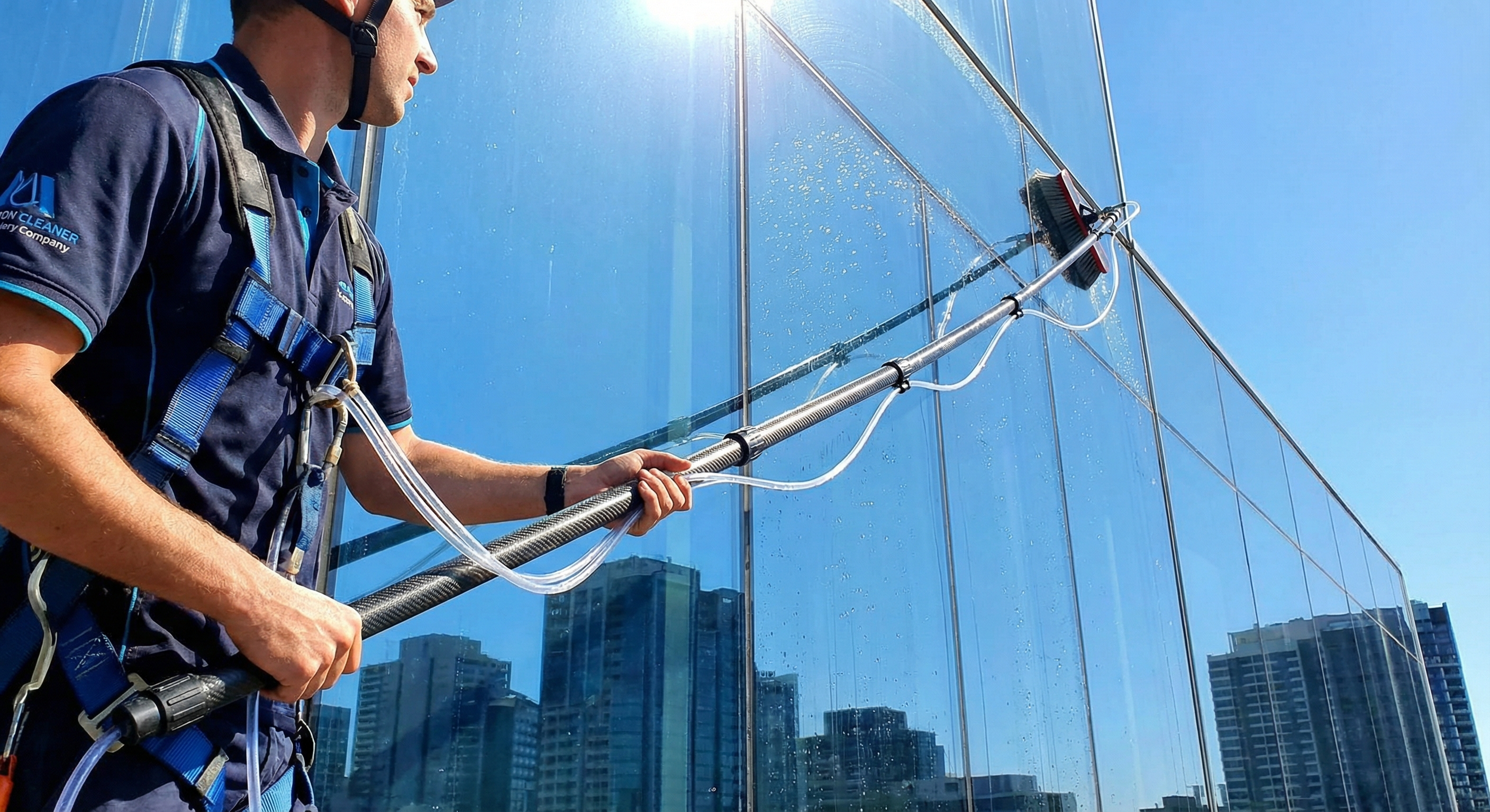 Professional window cleaning on a commercial building